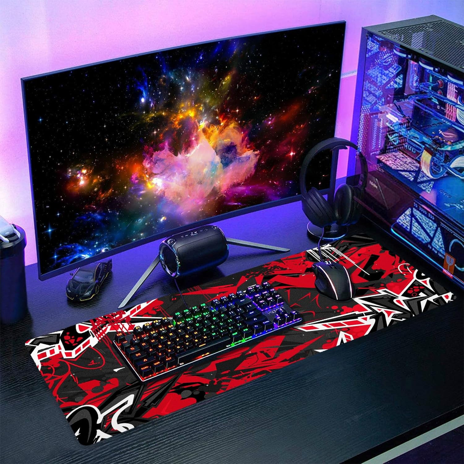 Black Red Gaming Mouse Pad XL Abstract Graffiti Geometric Cool Extended Big Large Desk Mat Non-Slip Rubber Base Stitched Edge Long Keyboard Mousepad for PC Computer Laptop,31.5×11.8 in