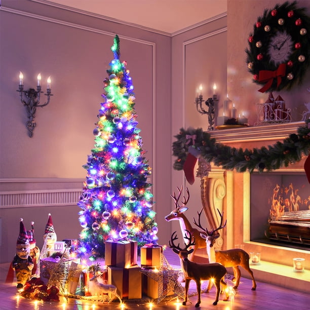 Costway 200 cm Árbol de Navidad Artificial Abeto de Bisagra Iluminado con 708 Ramas con 250 Luces Led Coloreadas Base Plegable de Metal