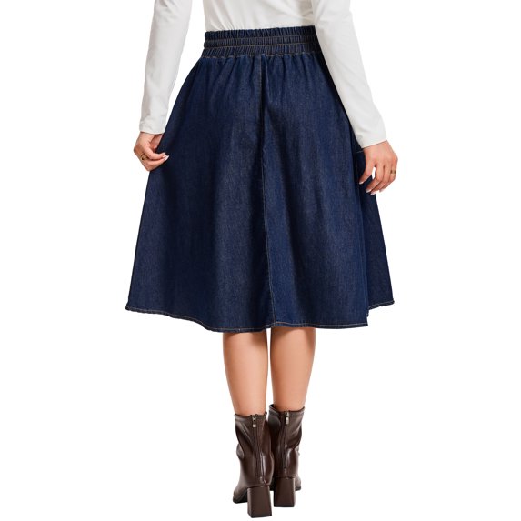 INSPIRE CHIC Women's Jean Skirts Elastic Waist Casual A-Line Midi Denim Skirt with Pockets S Dark Blue
