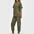 thumbnail image 2 of WREESH Womens Fashion Two Piece Outfits Solid Color Sweatsuits Loose Side Zipper Short Sleeve Crewneck Sweatshirt Jogger Sweatpant Lounge Sets Olive Green, 2 of 8