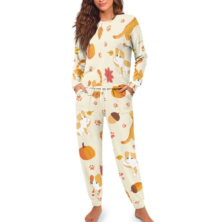 Yuyamidu 2 Piece Pumpkin Pajamas for Women Softness Long Sleeve Sleepwear Set Cute Cat Fall Nightwear Thanksgiving Scoop Neck Sleepwear Size 2XL Indoor Pullover Outfits