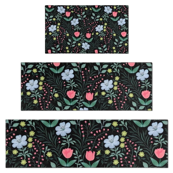 Pioneer Flower Floral Print Pattern Kitchen Rugs Sets Of 3,Kitchen Runner Rugs Non Skid Washable,Decorative Kitchen Floor Mats for Kitchen,Sink,Laundry,17"x30" 17"x47" 17"x59"