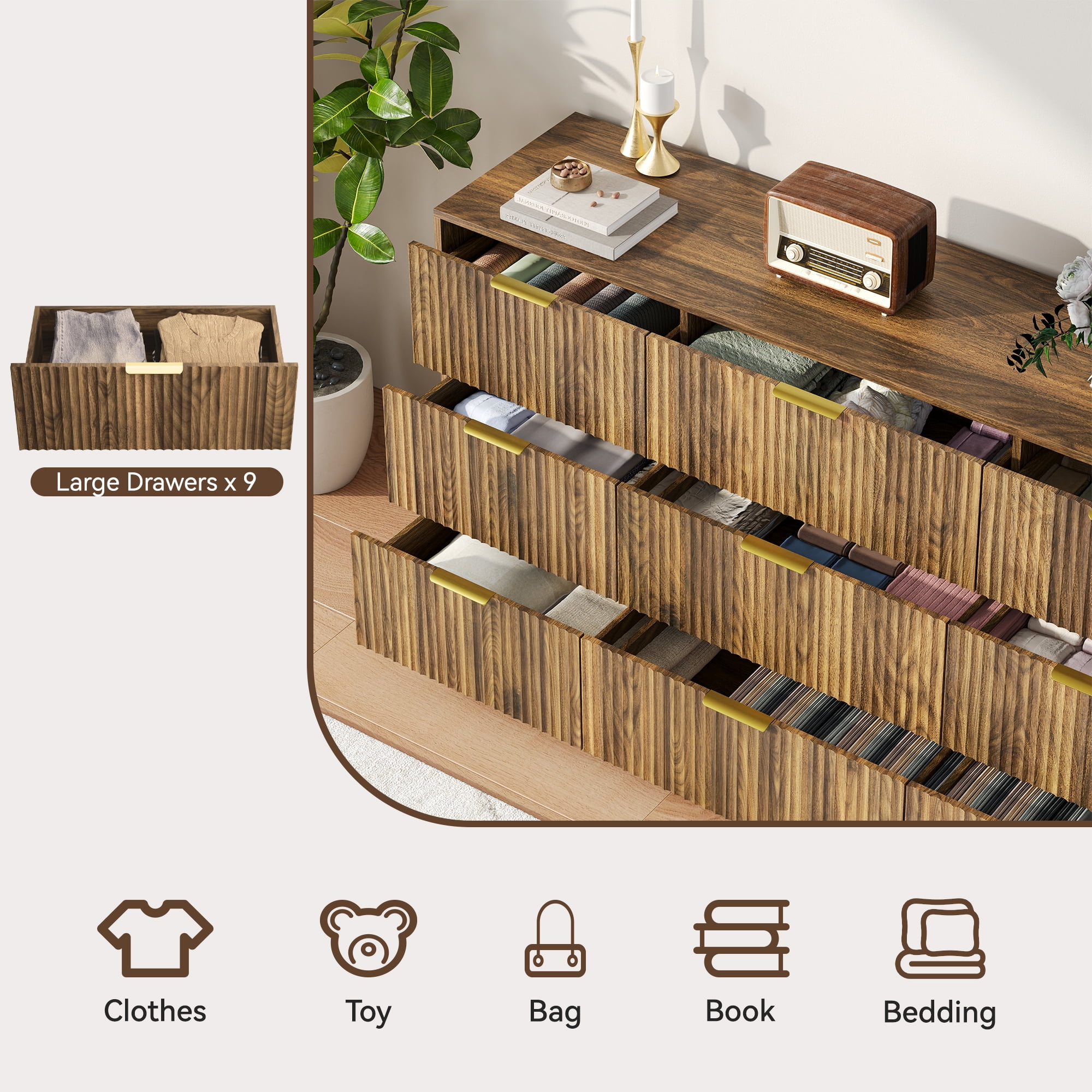 YouTrend 9 Drawer Dresser and Nightstand Sets for Bedroom,3 Piece Bedroom Dresser Set,Fluted Dressers and Nightstands, Modern Bedroom Set, Burlywood