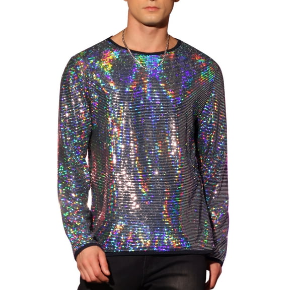INSPIRE CHIC Men's T-Shirts Sparkling Sequin Crew Neck Long Sleeve Regular Fit Top M Silver