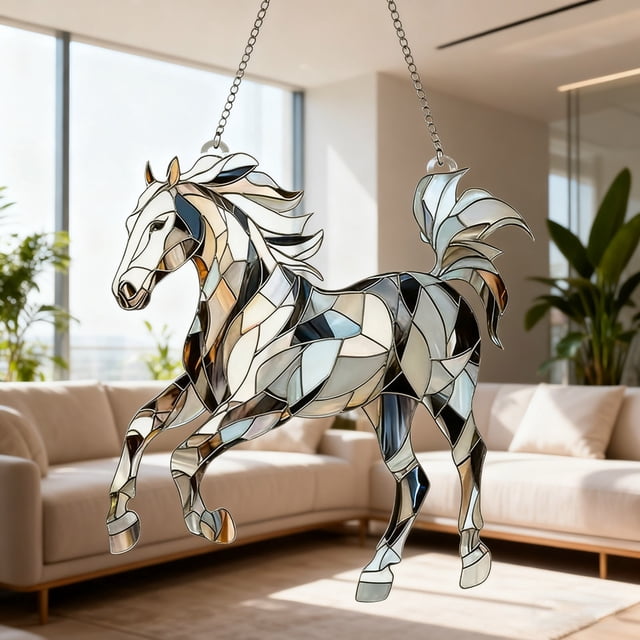 Adorno colgante de acrílico plano bidimensional con forma de caballo para atrapar la luz.