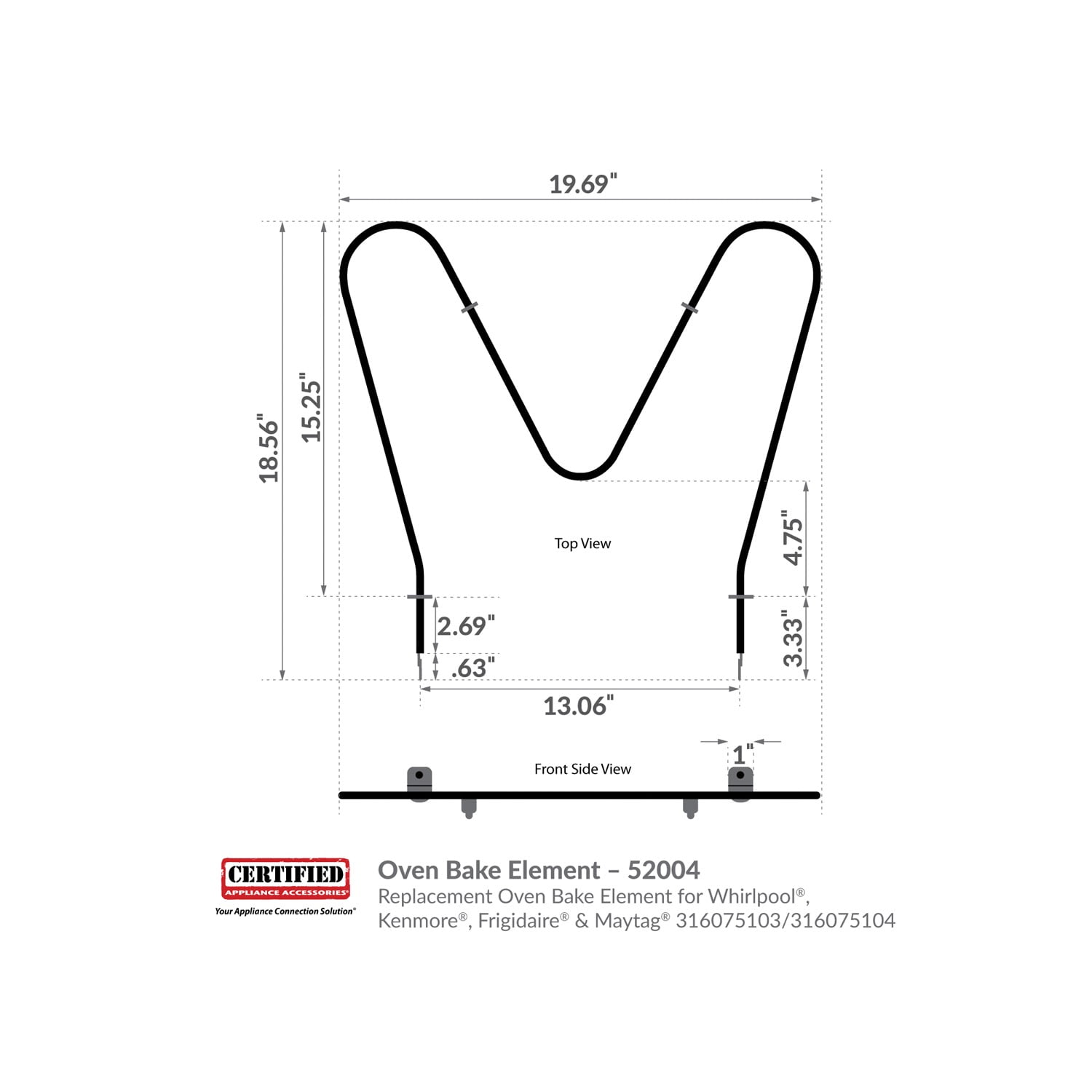 Certified Appliance Accessories 52004 Replacement Oven Bake Element For Whirlpool, Kenmore, Frigidaire & Maytag 316075103/316075104