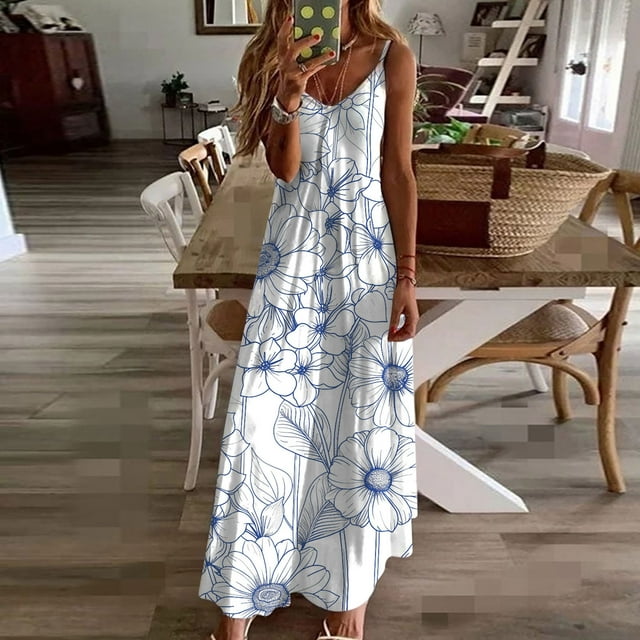 LSLJS Robes d'Été pour Femmes Imprimé Sans Manches Col Rond Robe Décontractée, Robes de Plage d'Été