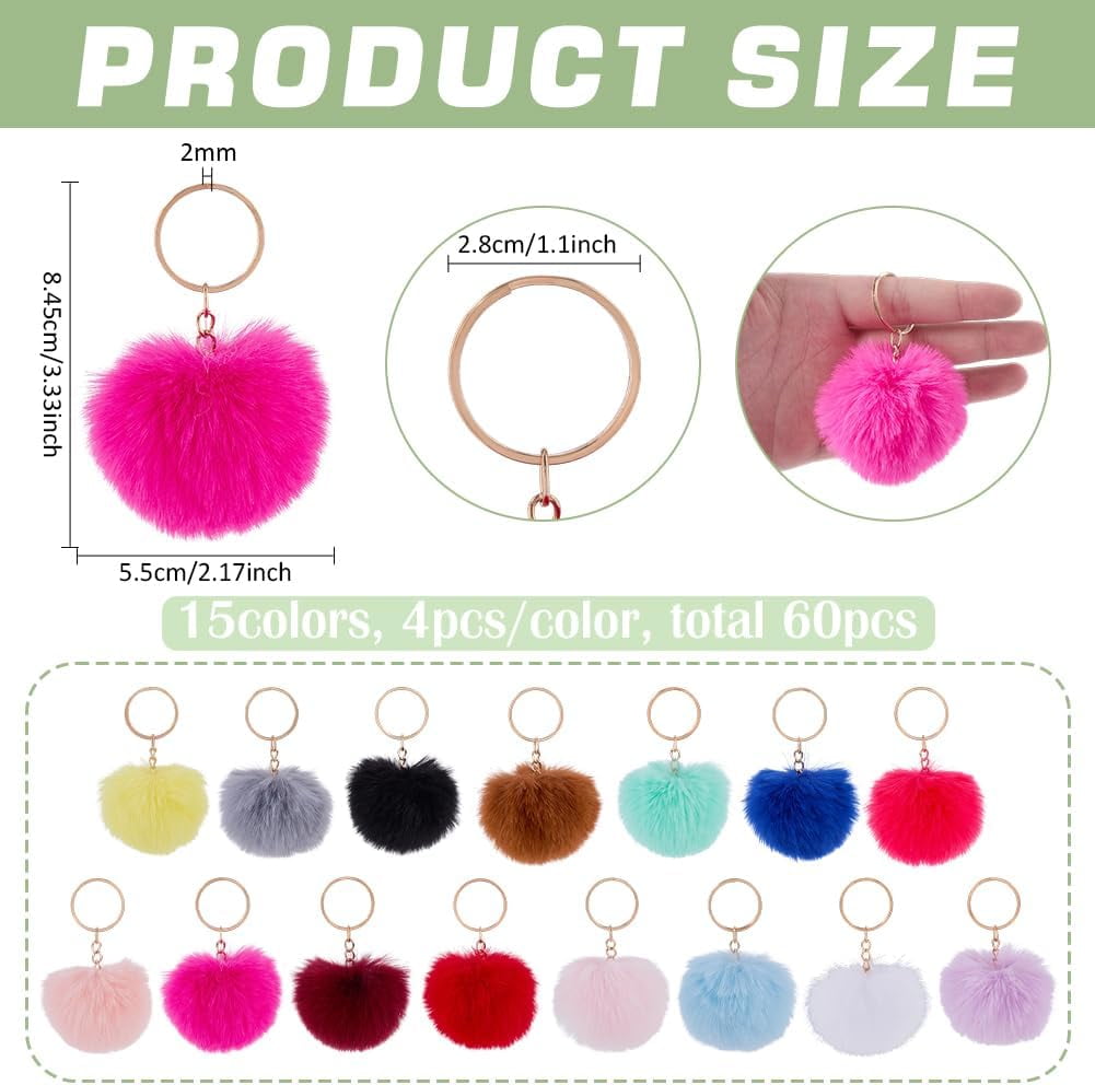 60-Pack Pom Pom Keychains 2.17" Furry Puff Ball Bag Charms for Backpacks DIY Crafts 15 Colors