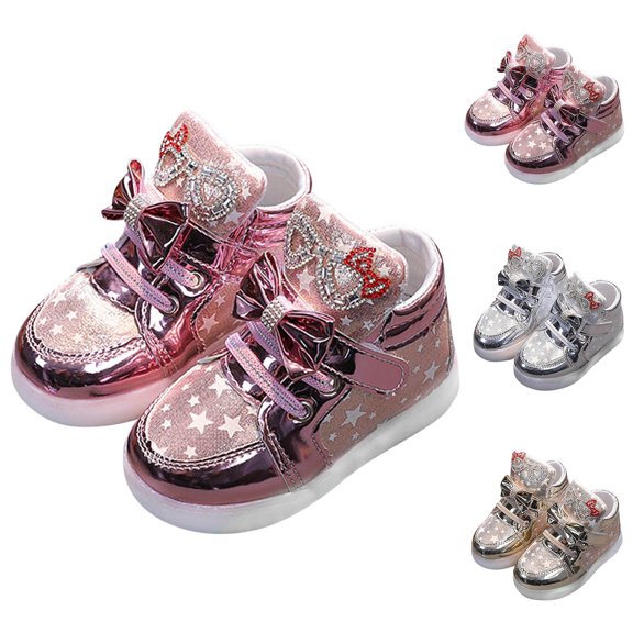 Modisza Kids Light Up Shoes High Top Trendy Sneakers Girls Tennis Athletic Shoe Cute Bow Rhinestone Walking Sneaker for School Gold 7.5 12-18 Months