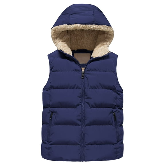Chrisuno Boy's Snow Sleeveless Vest Hoodie Winter Warm Vest Coat Sherpa Lined Puffer Ski Sleeveless Jacket Navy 14-16