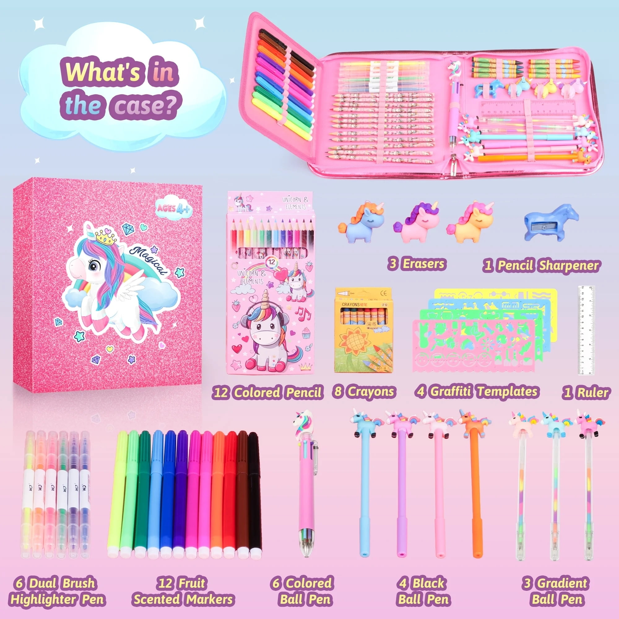 UQN Unicorn Scented Marker Set for Girls, 56Pcs Art Supplies Kit for Kids Ages 4-8, Unicorn Drawing Toys with Case, Arts & Crafts Kit Christmas Birthday Gifts for Girls Kids 4-6