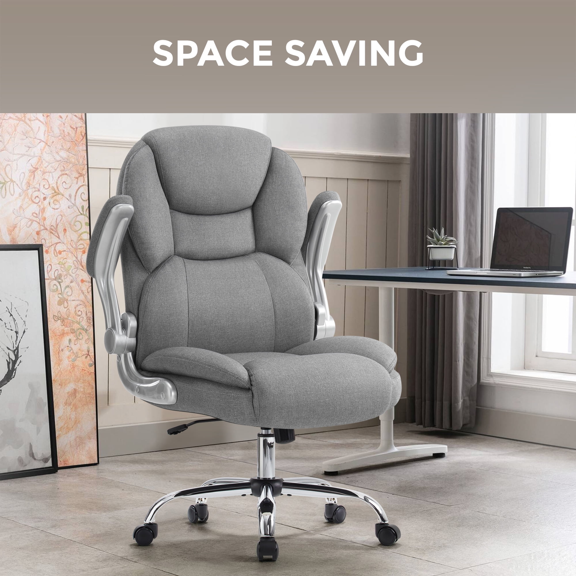 Gray Executive Office Chair, Ergonomic Big and Tall Computer Desk Chair, High Back with Padded Flip-up Armrest, Lumbar Support Swivel Rolling Chair
