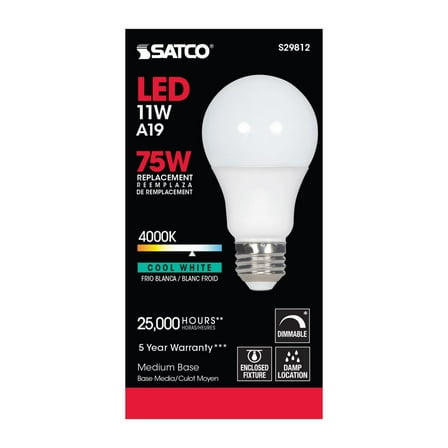 Satco S29812 11 Watt 120V A19 LED Light Bulbs 4000K High Lumen E26 Medium Base Dimmable (6 Pack)