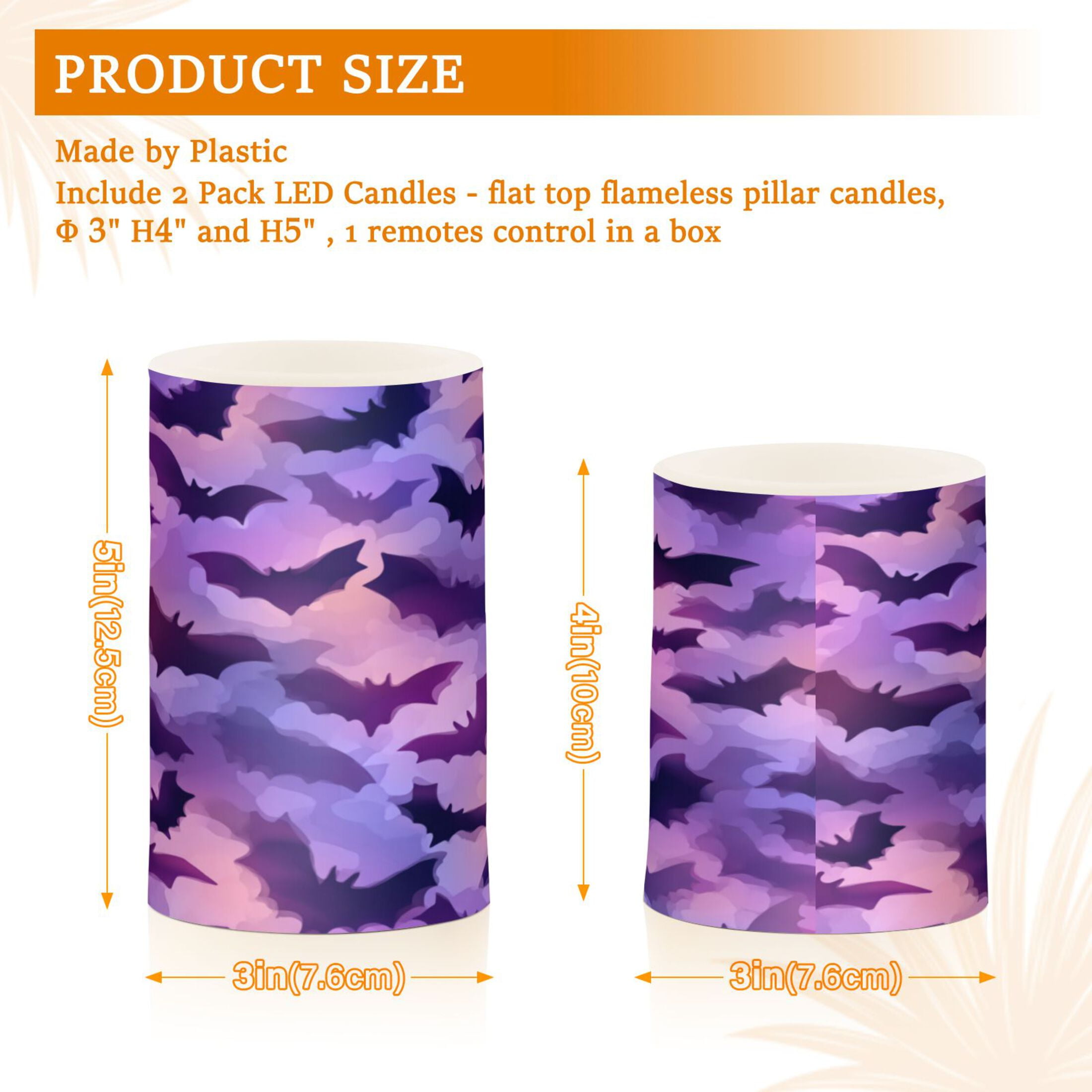2 PCS Flameless Candles with Remote Timer LED Battery Operated Flickering Candle Light for Wedding Table Home Decoration Gifts Purple Bats Pattern