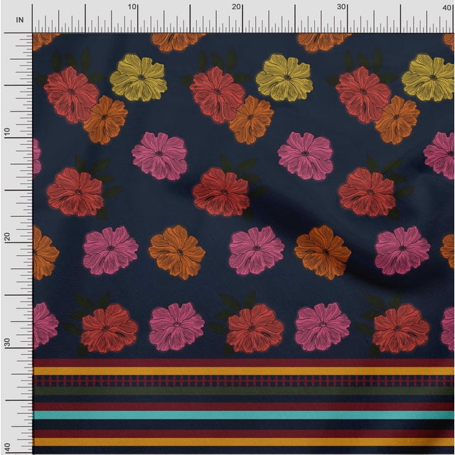 oneOone Silk Tabby Fabric Stripe & Floral Panel Print Fabric BTY 42 Inch Wide