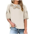 thumbnail image 2 of Dazajoo Womens Half Sleeve Boho Tops Casual Crew Neck Vintage Embroidered Blouses Summer Loose Fit Peasant Tops,Beige,M, 2 of 6