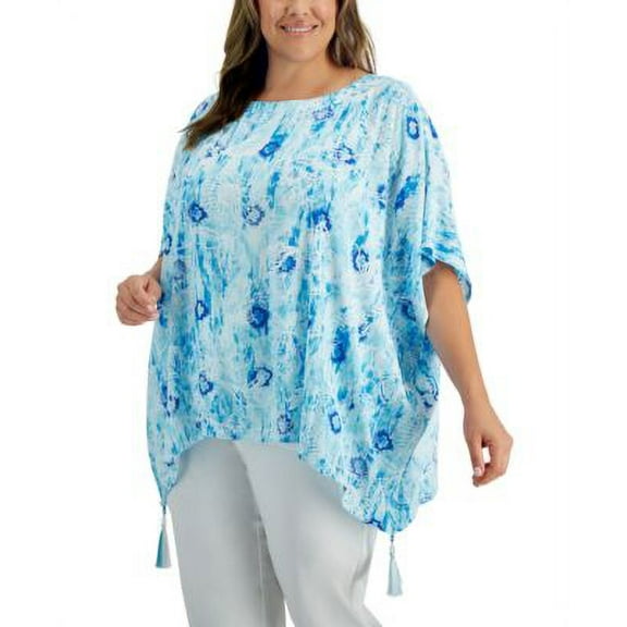 JM Collection Plus Size Printed Gauze Poncho Top Seaform Blue 1X