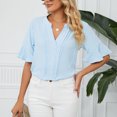 thumbnail image 3 of Camiseta con cuello en V para mujer, mangas con volantes, ajuste holgado, color puro, informal, Top de verano para uso diario, azul L, 3 of 6