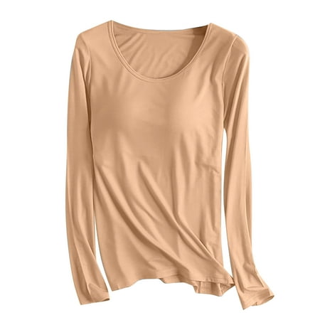Fall Winter Savings Clearance! abtuhar Women s Pajama Tops Womens T Shirts with Built in Bra Long Sleeve Shirts Padded Pajamas Wireless Bra Tops Casual Tee Tops Khaki 4XL