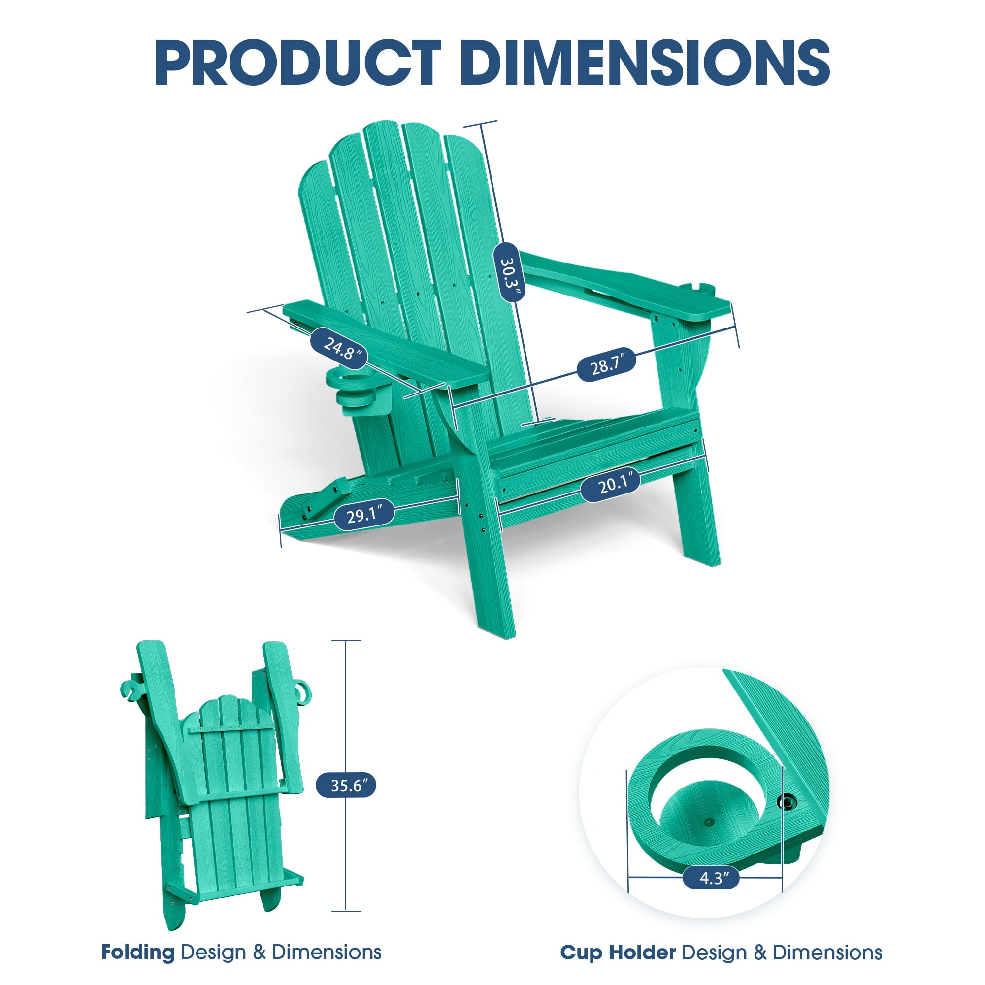 Folding Adirondack Chair, All-Weather HDPE Plastic Patio Fire Pit Chair, Aqua