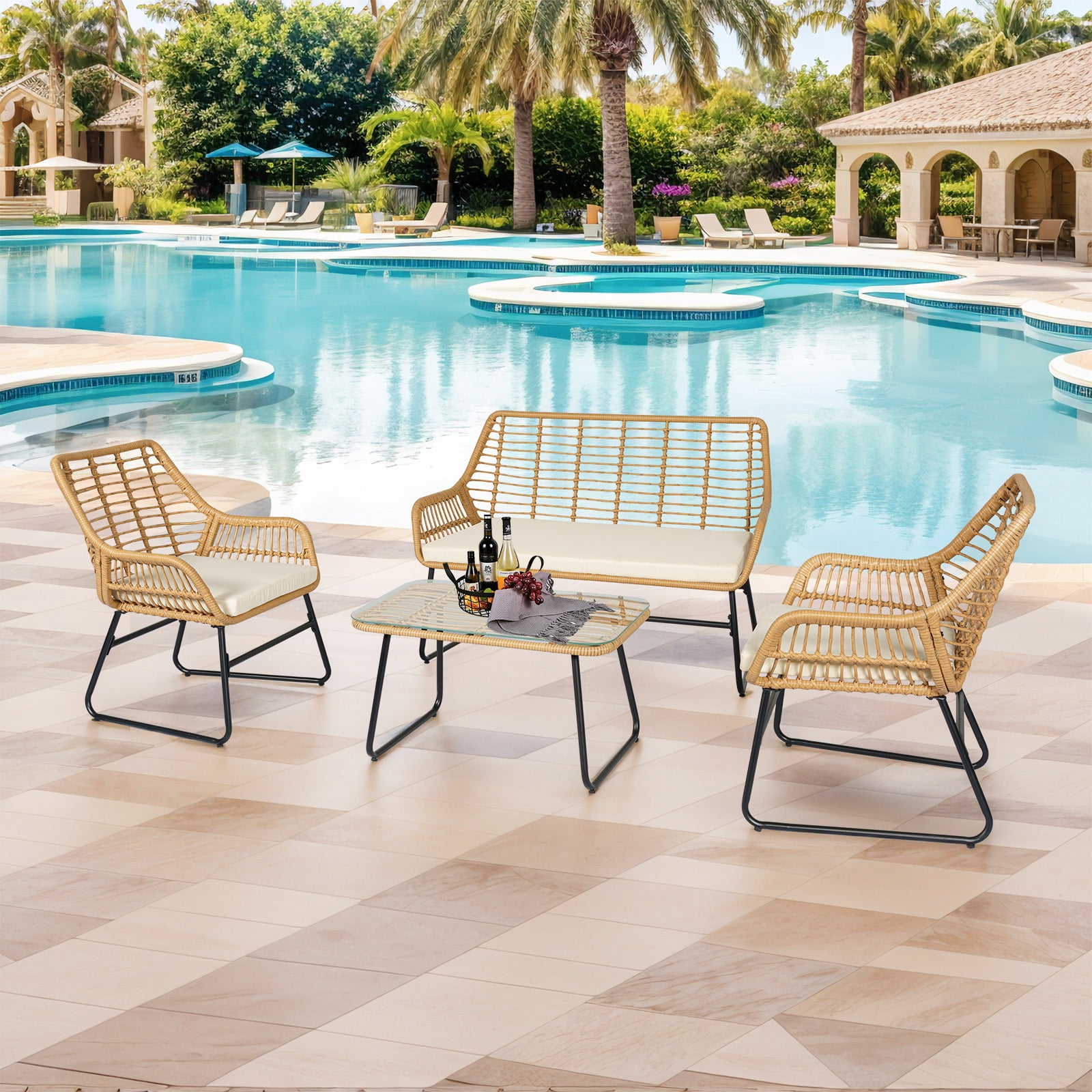 Tappio 4-Piece Rattan Patio Furniture Set, Outdoor Wicker Conversation Set with Tempered Glass Table, Beige