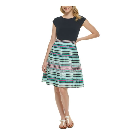 TOMMY HILFIGER Womens Navy Zippered Lined Stripetiered Skirt Short Sleeve Round Neck Above The Knee Fit + Flare Dress 2