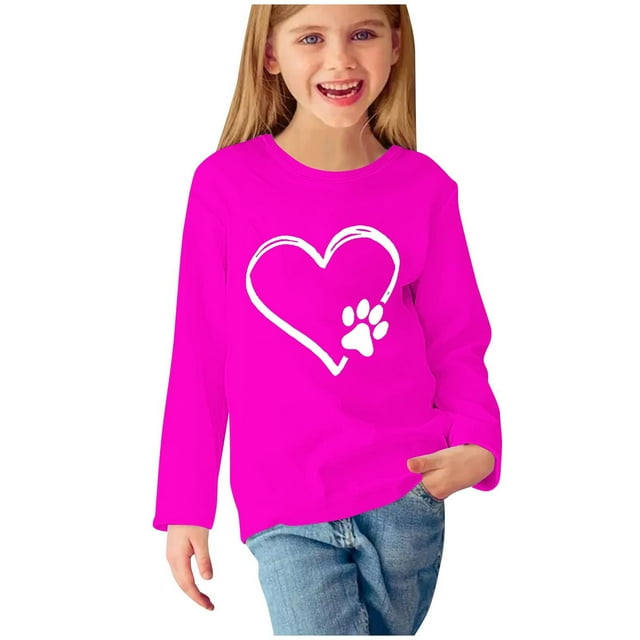 MeetoTime Hauts à Manches Longues pour Filles Printemps Automne Col Ras du Cou Tunique Habillée à Imprimé Cœur Chandail de Dessous pour Enfants