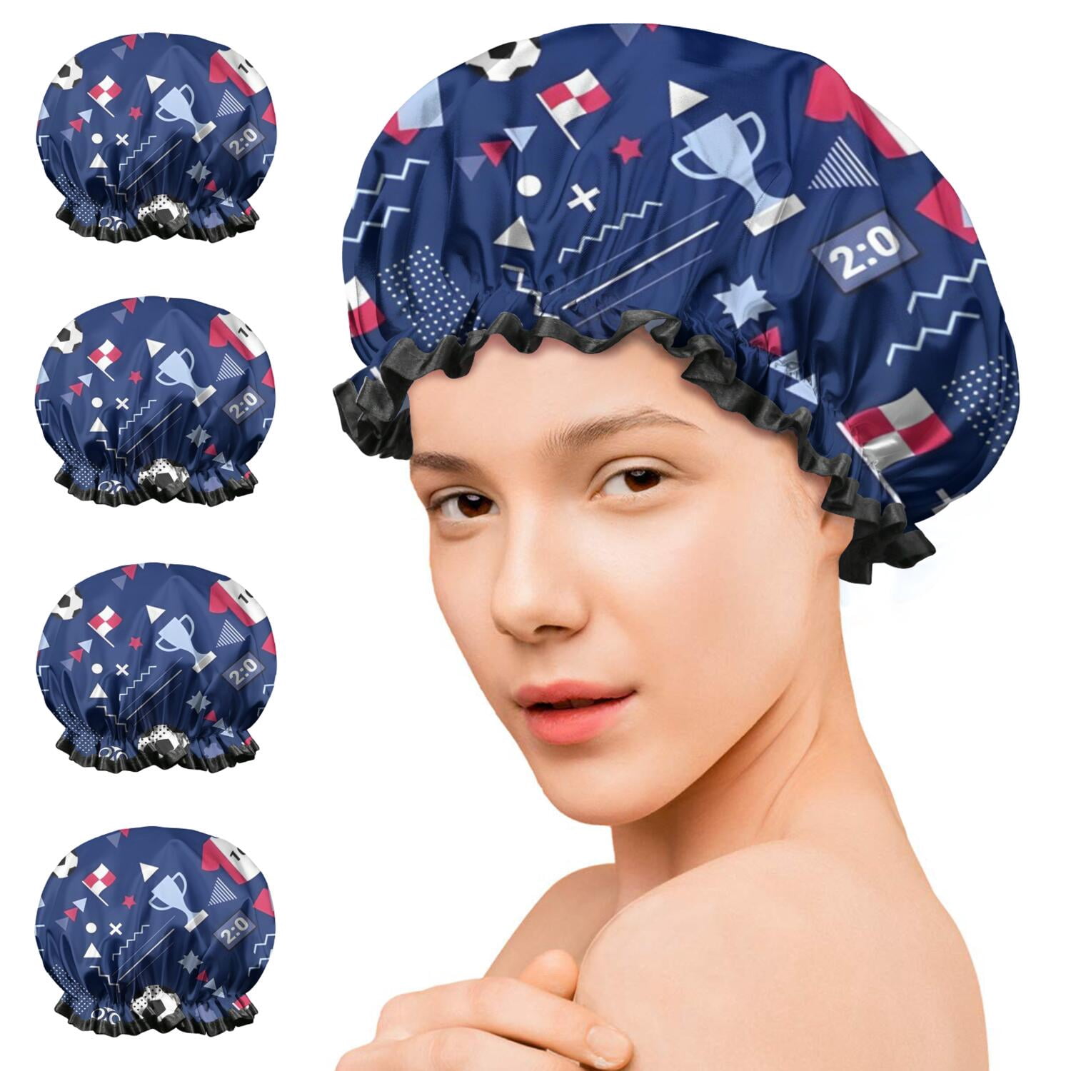Shower Caps,Blue Soccer Elements Pattern Waterproof Shower Cap for Women 4 Pieces,Double Reusable Hair Cover for Shower PEVA Elastic Stretch Hem
