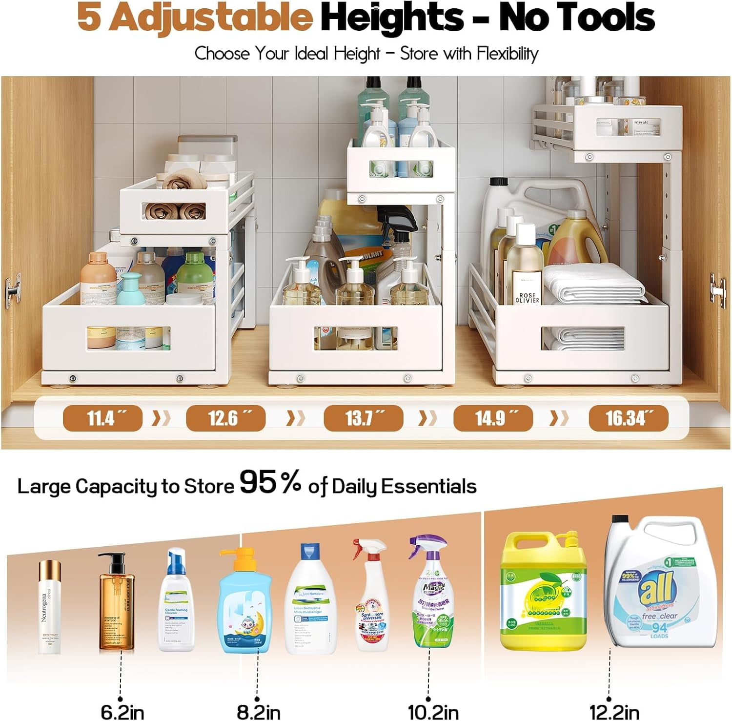 2-Pack Under Sink Organizers and Storage,2-Tier L Shape Pull Out Cabinet Organizer With Round Tube Slide Rails,Hight Adjustable Slide Out Drawers for Kitchen&Bathroom,Multi-Purpose StorageShelf-White