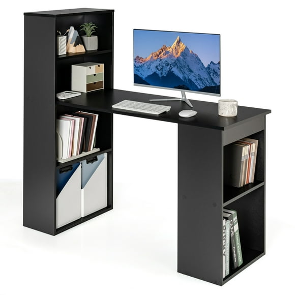 Topbuy 48 Inch Computer Desk with Bookshelf 3-in-1 Home office Desk with 4-Tier Bookcase & CPU Stand Space-saving Reversible Writing Desk Black