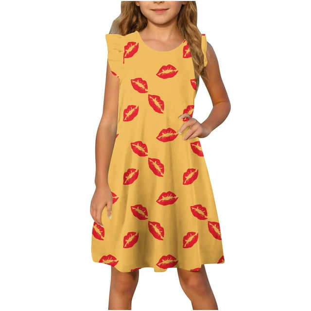 Yanlir Robe d'Été Sans Manches pour Filles 4-14 Ans, Col Rond, Robe Soleil à Volants pour un Port Confortable et Stylé (Jaune#1, 4 Ans)
