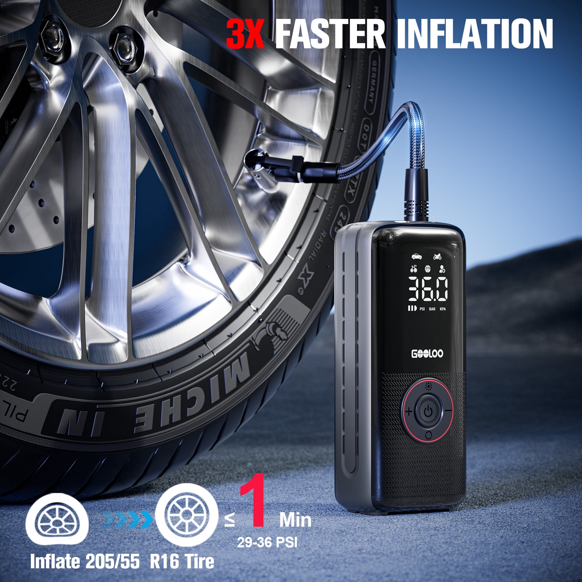 GOOLOO A6 LITE Tire Inflator Portable Air Compressor, 160 PSI, 7500mAh, 3X Faster Air Pump for Car Tires, with Tire Pressure Gauge for Motorcycle, E-Bike, Ball, SUV