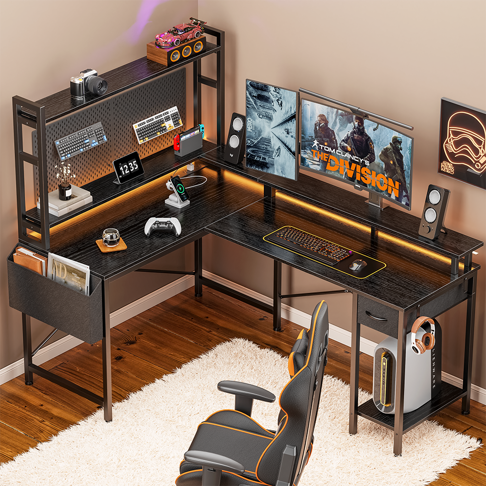 Huuger L Shaped Gaming Desk With Power Outlets, Led Lights, Computer 