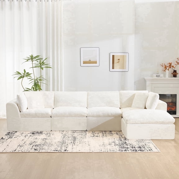 138'' Chenille Sectional Sofa with Movable Ottoman, Modern Boneless Cloud Couch with Deep Seat, 4-Seater L-Shaped Modular Sofa for Living Room, No Assembly Required, Beige