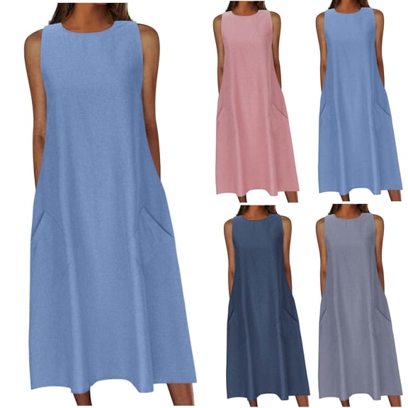 Summer Fashion Dresses for Womens 2026 Plus Size Loose And Comfortable Solid Color Pocket Sleeveless Round Neck Dress
