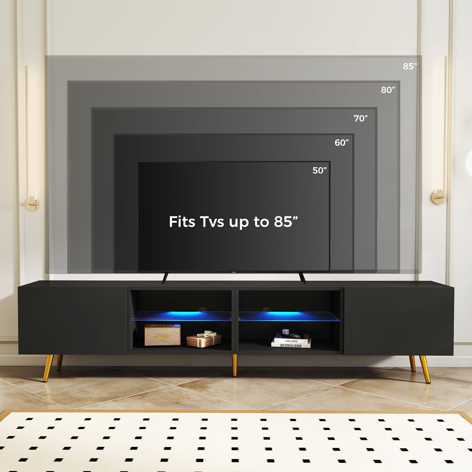 Bonzy Home 86" TV Stand, Television Console Table for 85" TV, Modern Entertainment Center with Storage Cabinets for Living Room, Black