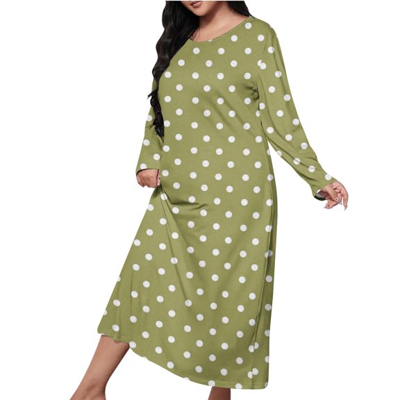 FAHXNVB Long Nightgowns for Women Polka Dot Printed Crewneck Long Sleeve Nightdress Casual Lightweight Soft Ladies Sleepwear S-5XL