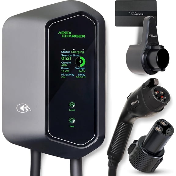 ApexCharger MACH I 48 Amp Level 2 EV Charger, Wall Mount 240V, J1772 & Tesla NACS, 30ft Cable