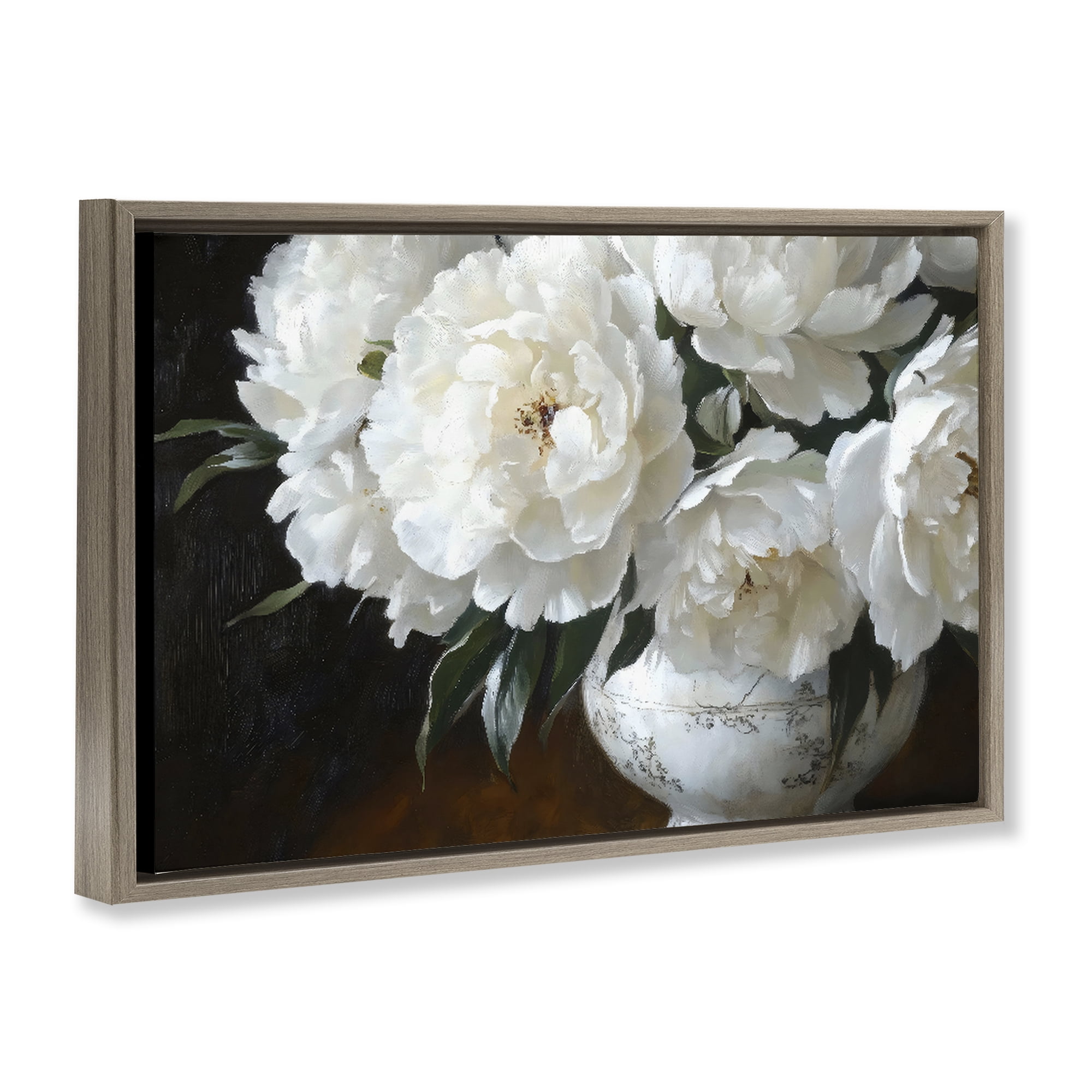Stupell Industries White Flowers in Vintage Vase Brown Framed Floater Canvas Wall Art, design by Petal Prints Design