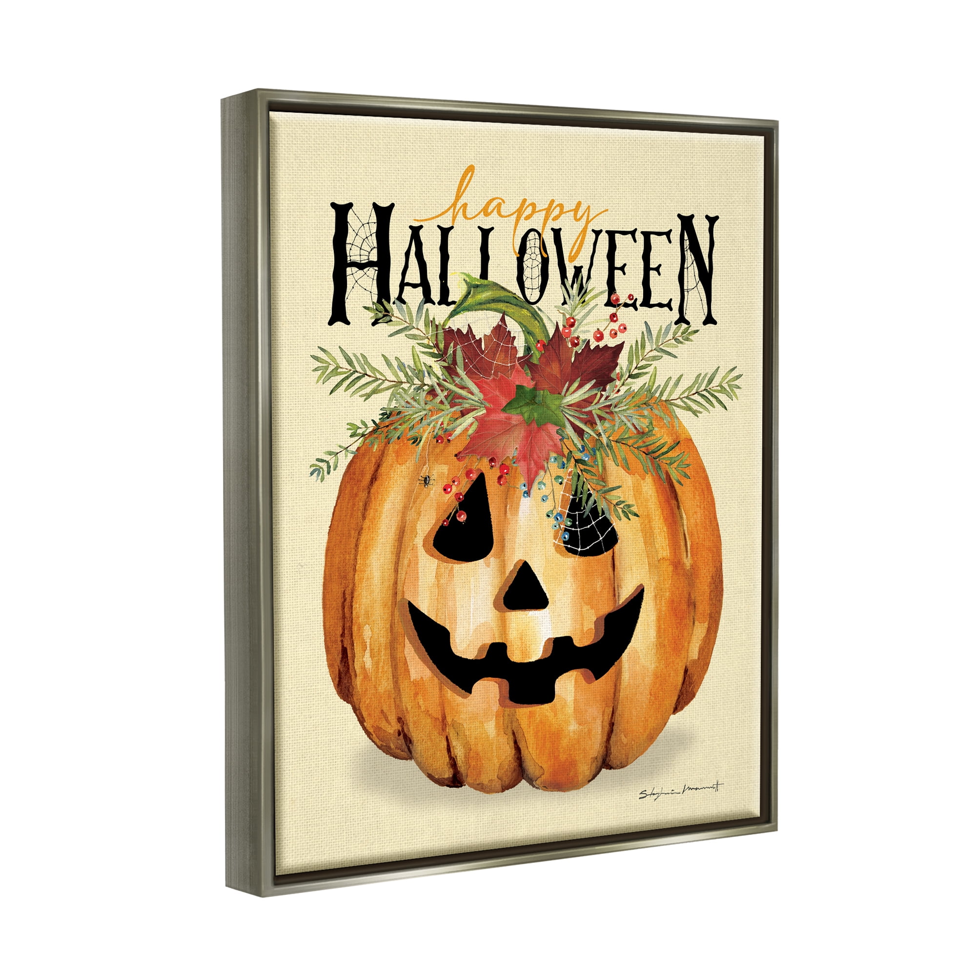 Stupell Industries Happy Halloween Jack-o-Lantern Holiday Painting Gray Floater Framed Art Print Wall Art