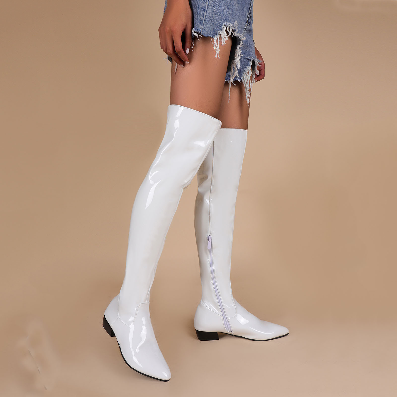 Bottines Femme à Talon Bas Carré - Bout Pointu, Fermeture Éclair Latérale - Style Rétro Britannique En Cuir Verni