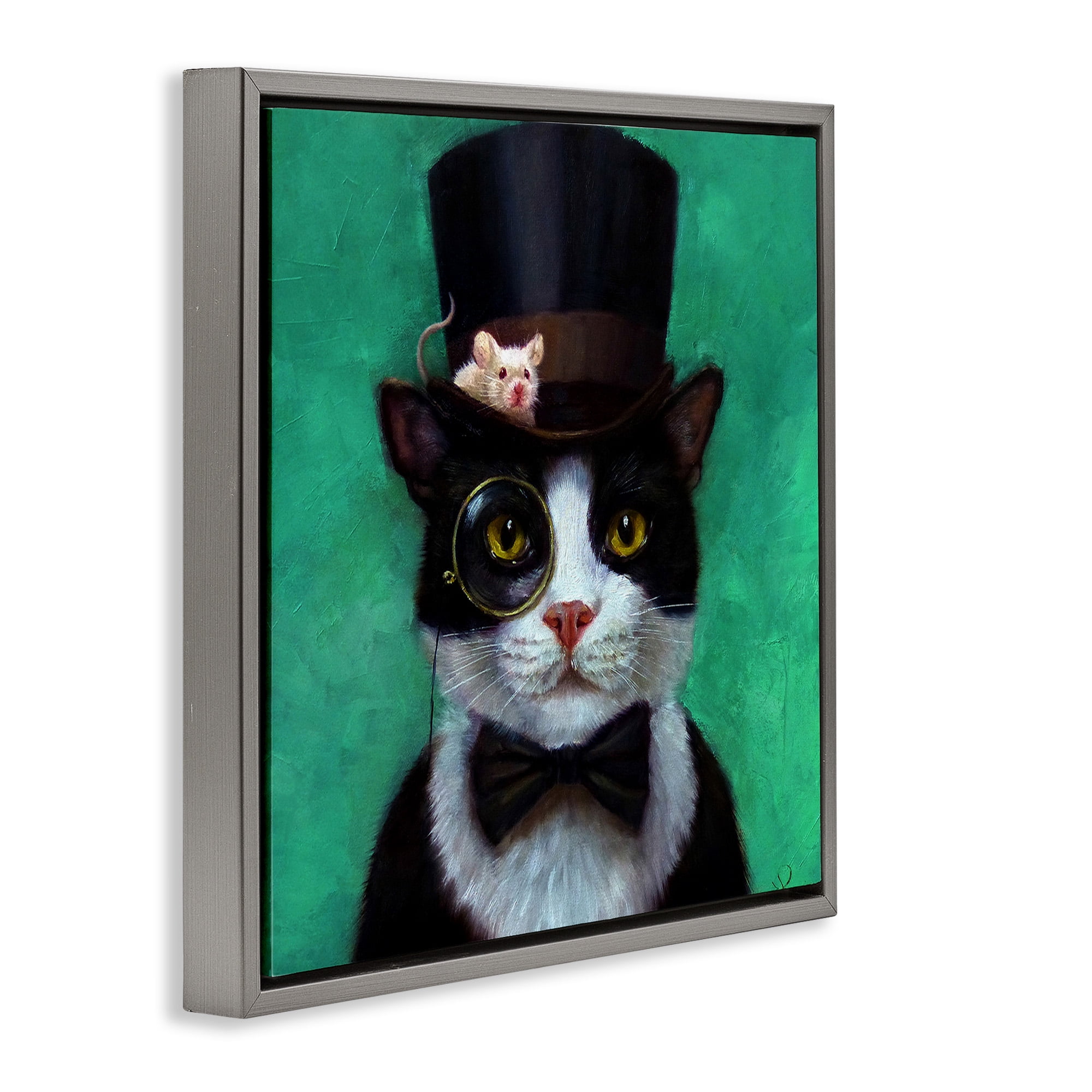 Stupell Industries Good Sir Top Hat Cat Animals & Insects Painting Gray Floater Framed Canvas Art Print Wall Art, 25 x 25