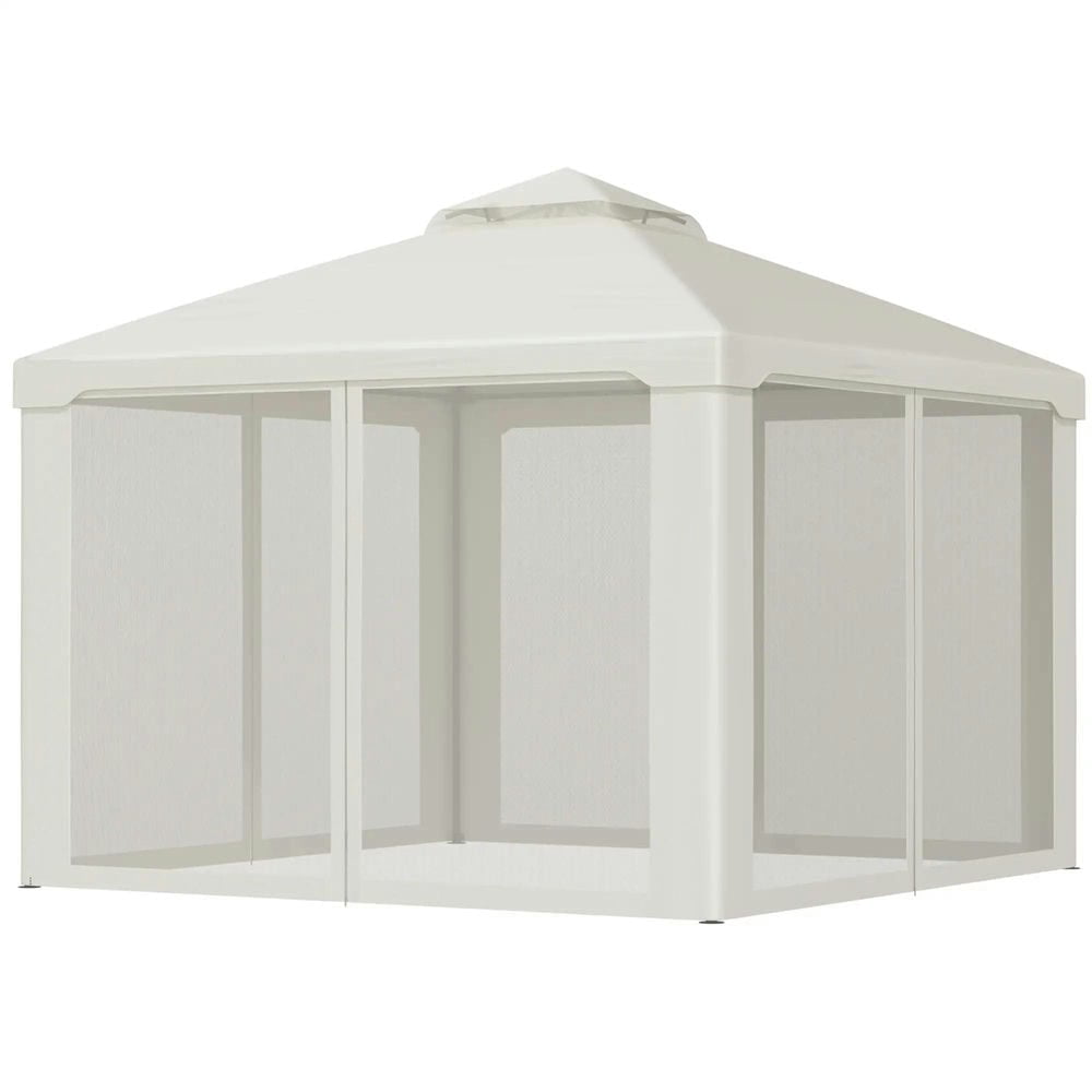 GVN Patio Garden Pergola, Pergola Canopy,9.6' x 9.6' Patio Gazebo, Outdoor Canopy Shelter with 2-Tier Roof and Netting, Cream White