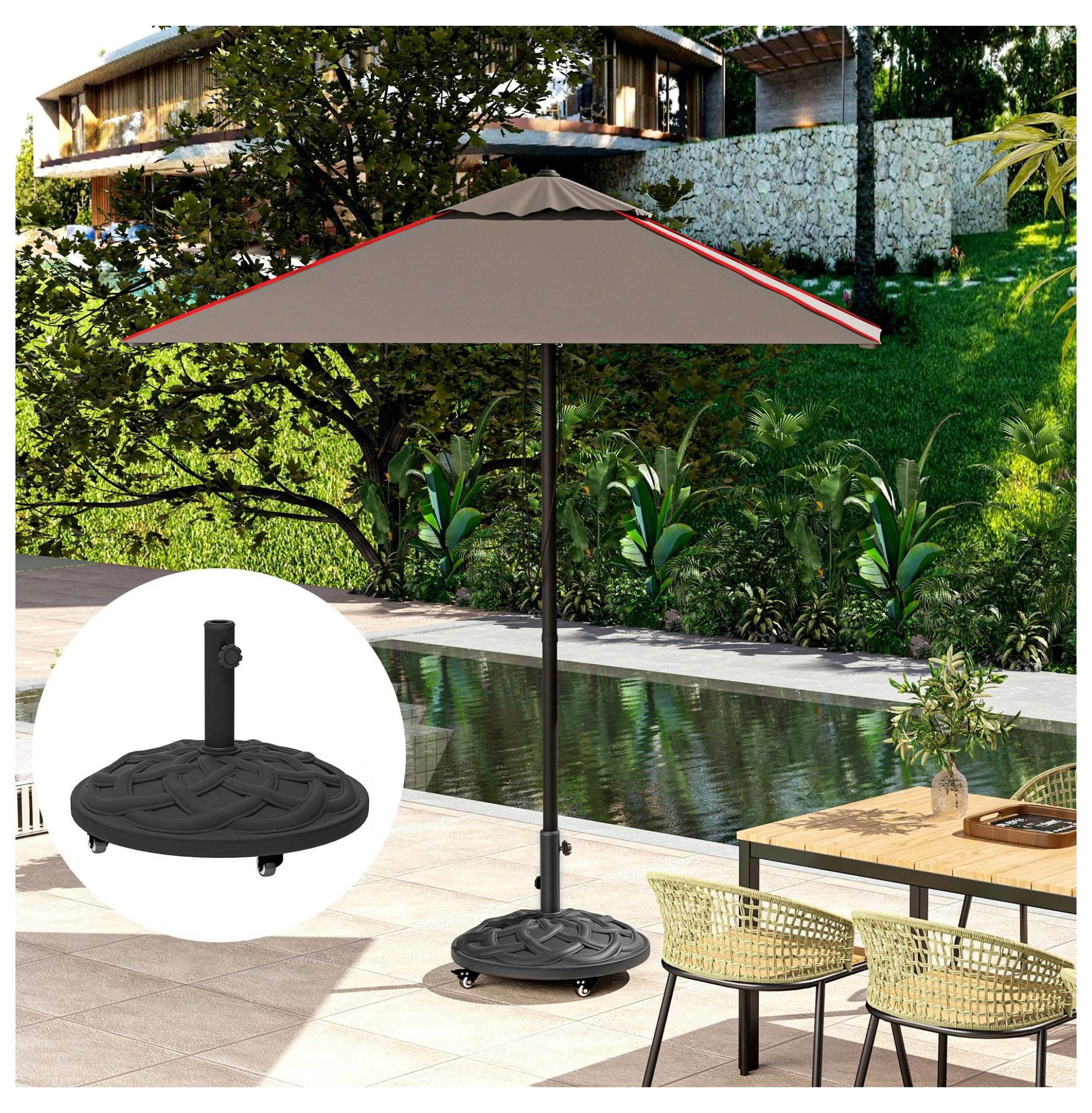 Patio Umbrella Base with Wheels - 44lbs Resin Stand - Heavy Duty Outdoor Umbrella Holder for 1.3-1.9" Poles - Black