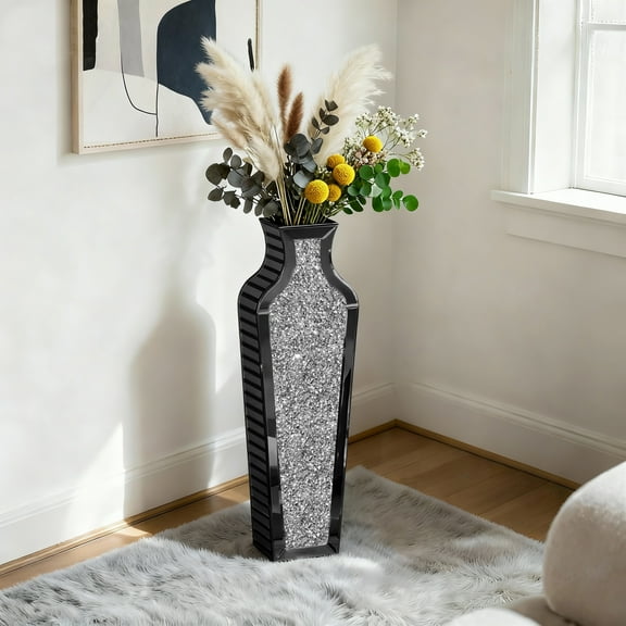 SHYFOY 26.57" Gray Mirrored Floor Vase with Crushed Diamond Accents, Tall Decorative Sparkle Vase for Dried Flowers, Pampas Grass & Modern Glam Home Décor
