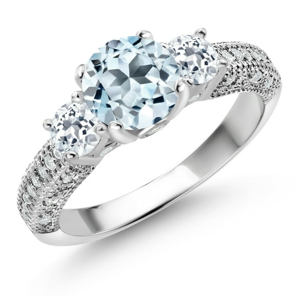 Gem Stone King 2.44 Cttw Sky Blue Topaz White Topaz and White Moissanite Engagement Ring for Women | 925 Sterling Silver | Gemstone Birthstone | Round 7MM and 4MM | Available in Size 5 - 9 | Size 5