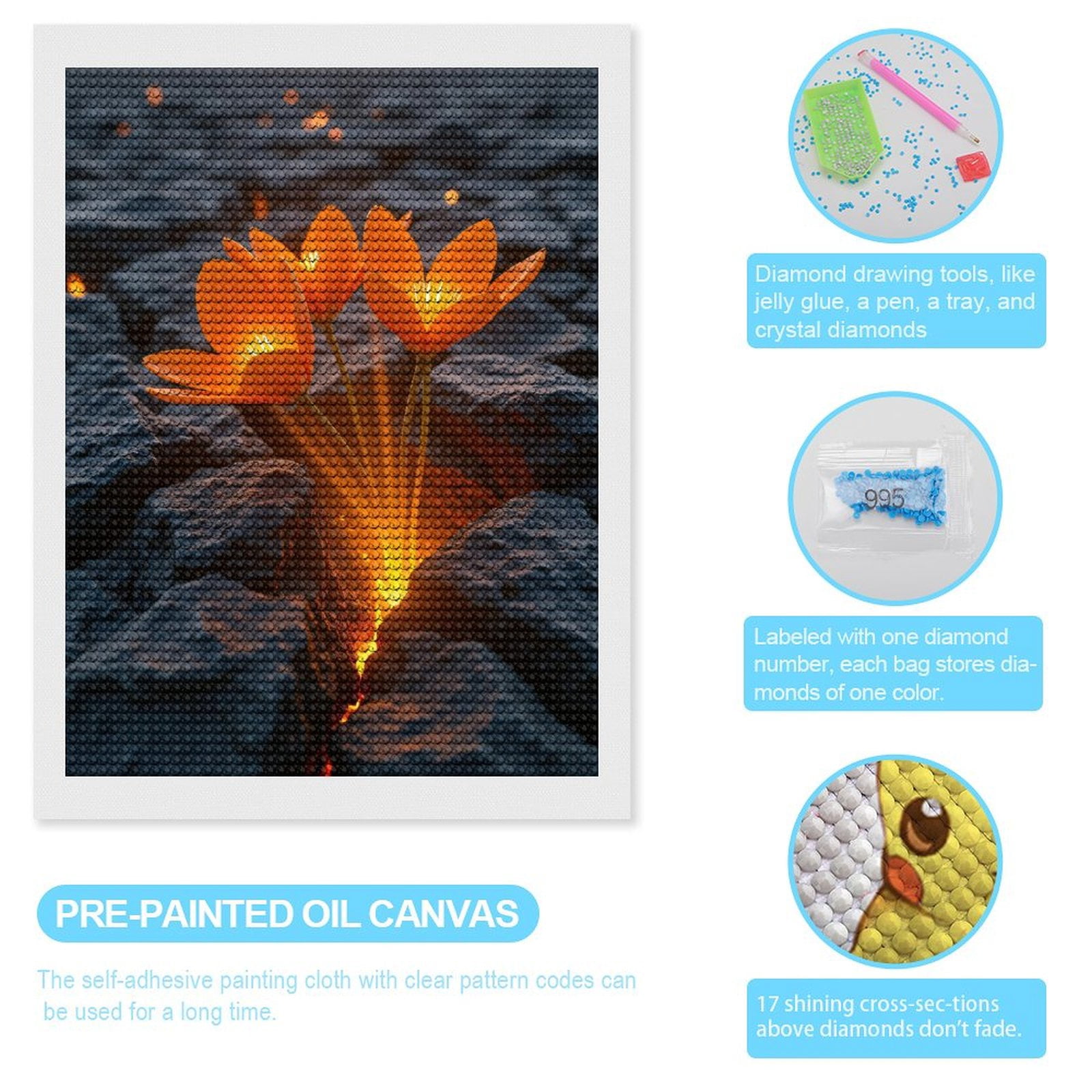 Diamond Art Kits for Adults - Orange Flowers Emerge Glowing Rocks 5d Diamond Painting for Adults, Diamond Art for Adults Beginners, Frameless Diamond Painting Kits for Adults for Home Wall Decor