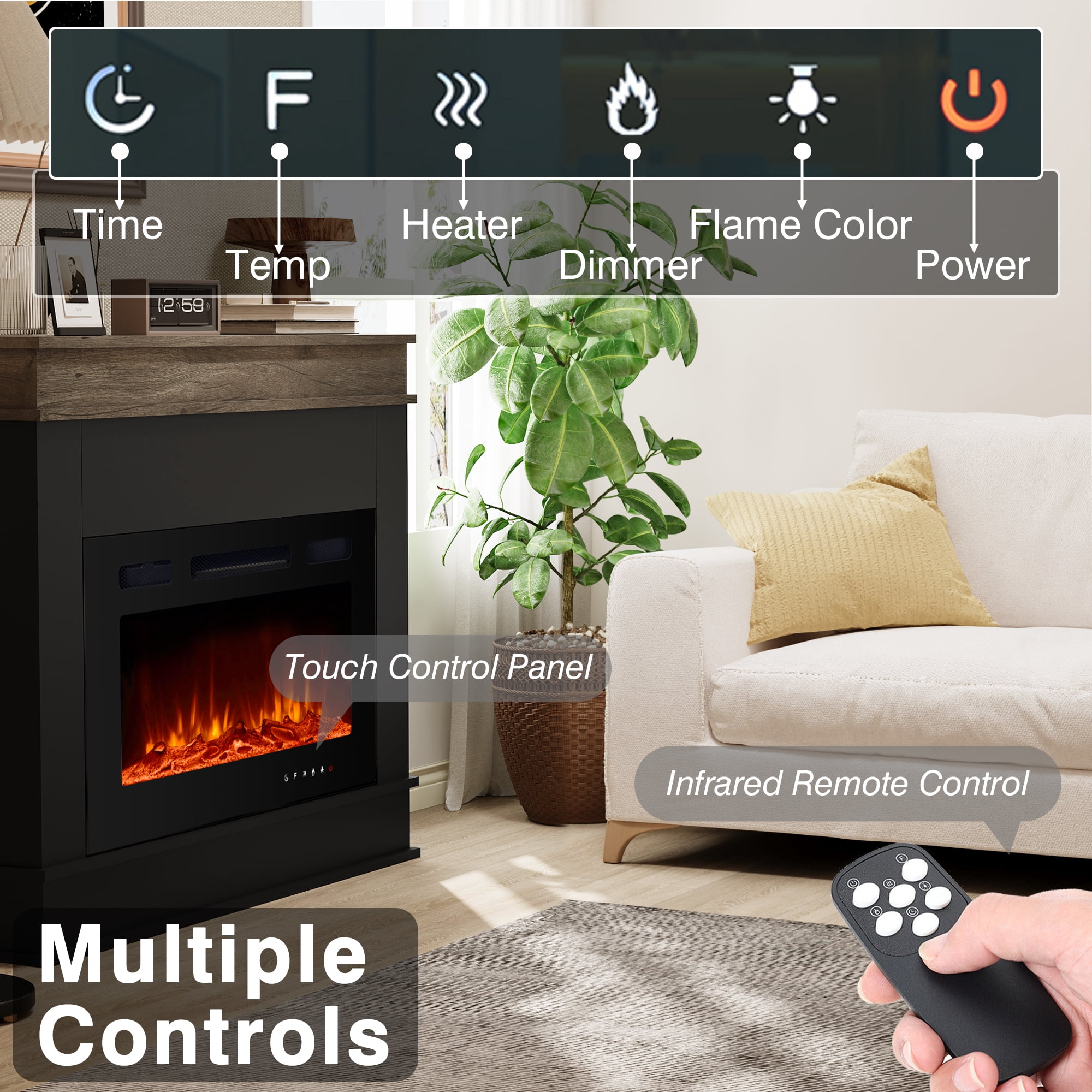 Maxhonor Electric Fireplace Mantel with 12 Flame Colors, Overheating Protection & Remote Control, Classic Minimalist Design