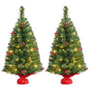 Topeakmart 3ft Prelit Tabletop Christmas Tree with Warm Toned Lights Red Berries, Pack of 2, Green