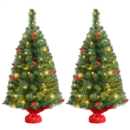 Topeakmart 3ft Prelit Tabletop Christmas Tree with Warm Toned Lights Red Berries, Pack of 2, Green